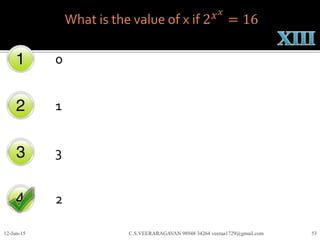 What is the value of x if 2 𝑥 𝑥
= 16
0
1
3
2
12-Jun-15 C.S.VEERARAGAVAN 98948 34264 veeraa1729@gmail.com 53
 