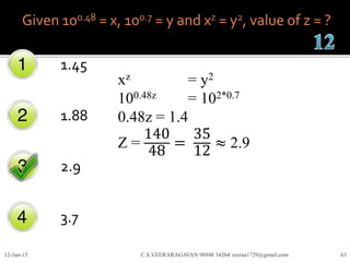 Given 100.48 = x, 100.7 = y and xz = y2, value of z = ?
1.45
1.88
2.9
3.7
12-Jun-15 C.S.VEERARAGAVAN 98948 34264 veeraa1729@gmail.com 63
xz = y2
100.48z = 102*0.7
0.48z = 1.4
Z =
140
48
=
35
12
≈ 2.9
 