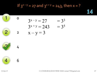 If 3x – y = 27 and 3x + y = 243, then x = ?
0
2
4
6
12-Jun-15 C.S.VEERARAGAVAN 98948 34264 veeraa1729@gmail.com 67
3x – y = 27 = 33
3x + y = 243 = 35
x – y = 3
 