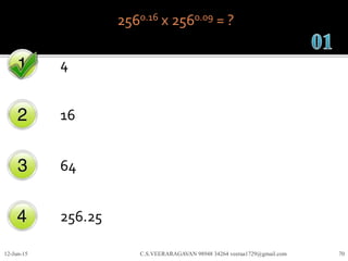 2560.16 x 2560.09 = ?
4
16
64
256.25
12-Jun-15 C.S.VEERARAGAVAN 98948 34264 veeraa1729@gmail.com 70
 