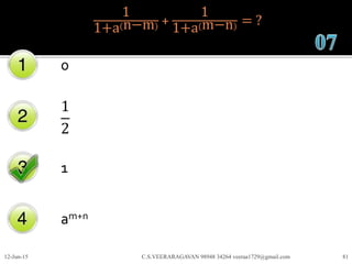 1
1+a n−m +
1
1+a m−n = ?
0
1
2
1
am+n
12-Jun-15 C.S.VEERARAGAVAN 98948 34264 veeraa1729@gmail.com 81
 
