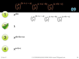 xb
xc
b + c − a
xc
xa
c +a −b
xa
xb
a +b −c
xabc
1
xab+bc+ca
xa+b+c
12-Jun-15 C.S.VEERARAGAVAN 98948 34264 veeraa1729@gmail.com 86
xb
xc
b + c − a
xc
xa
c +a −b
xa
xb
a +b −c
 