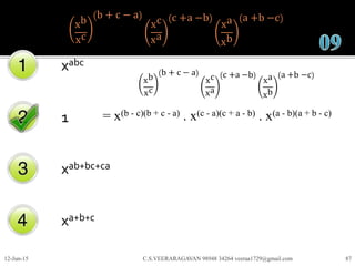 xb
xc
b + c − a
xc
xa
c +a −b
xa
xb
a +b −c
xabc
1
xab+bc+ca
xa+b+c
12-Jun-15 C.S.VEERARAGAVAN 98948 34264 veeraa1729@gmail.com 87
xb
xc
b + c − a
xc
xa
c +a −b
xa
xb
a +b −c
= x(b - c)(b + c - a) . x(c - a)(c + a - b) . x(a - b)(a + b - c)
 