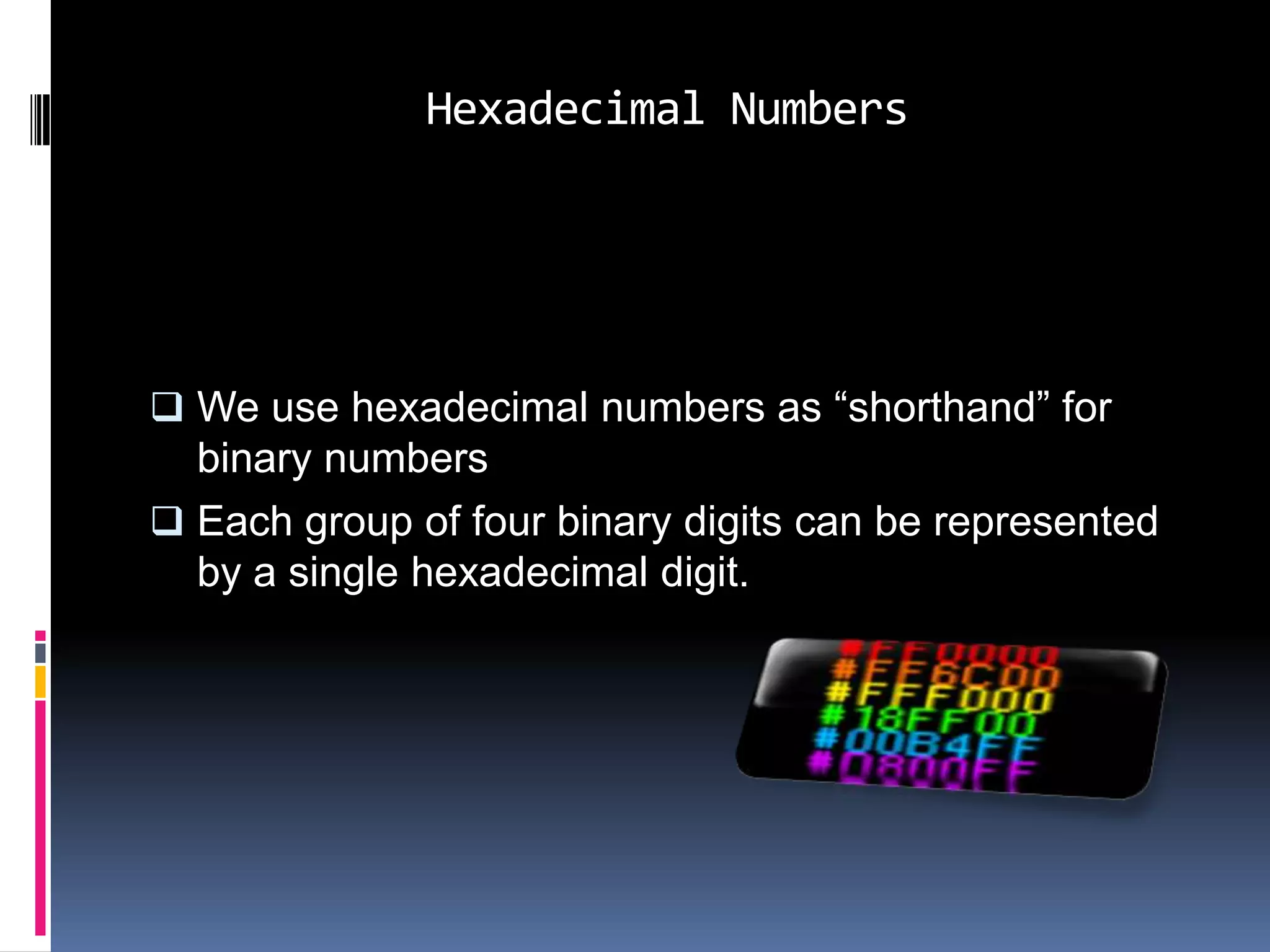 Hexadecimal Numbers




 We use hexadecimal numbers as “shorthand” for
  binary numbers
 Each group of four binary digits can be represented
  by a single hexadecimal digit.
 