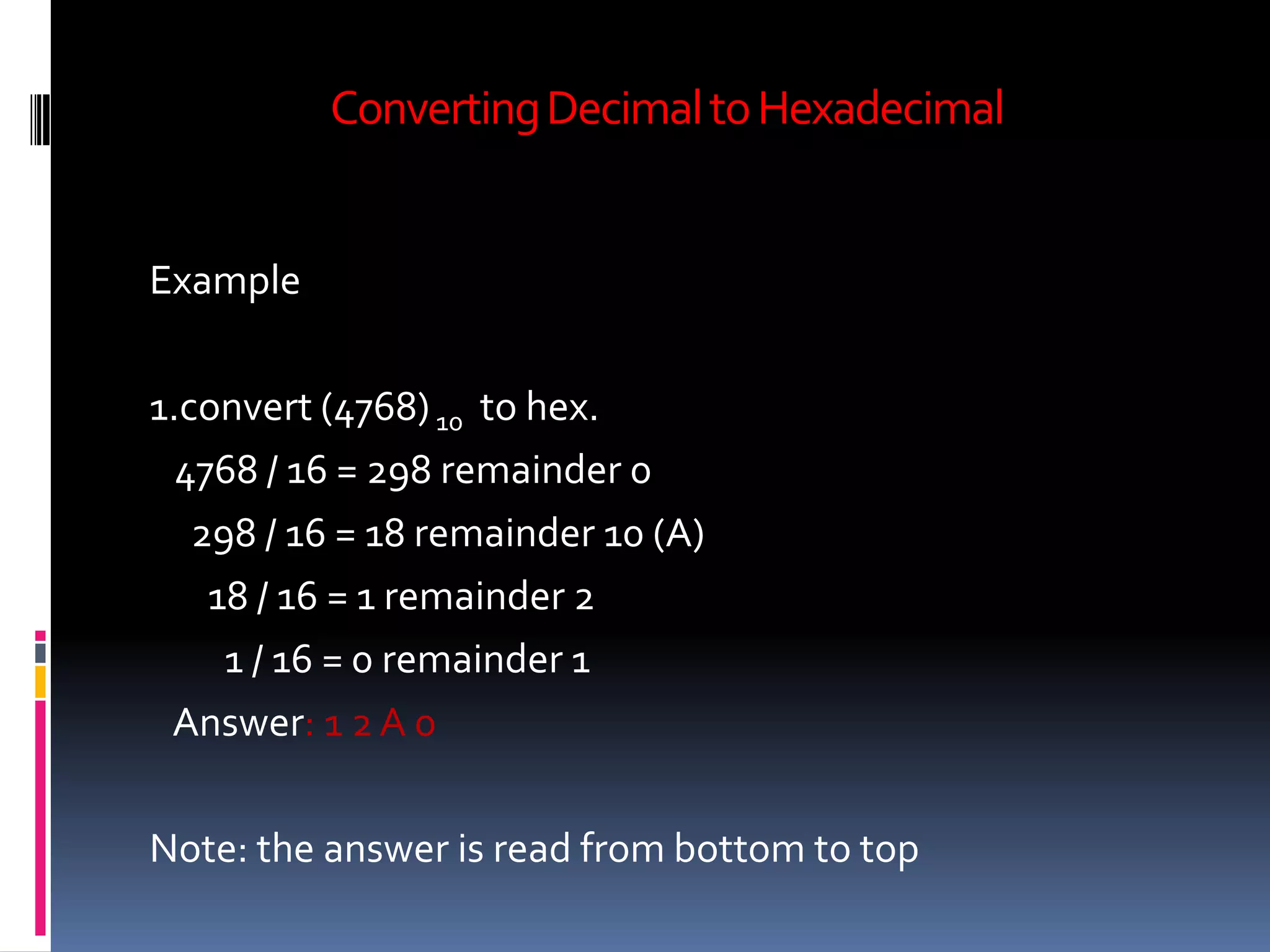 Converting Decimal to Hexadecimal


Example

1.convert (4768) 10 to hex.
  4768 / 16 = 298 remainder 0
   298 / 16 = 18 remainder 10 (A)
    18 / 16 = 1 remainder 2
     1 / 16 = 0 remainder 1
 Answer: 1 2 A 0

Note: the answer is read from bottom to top
 