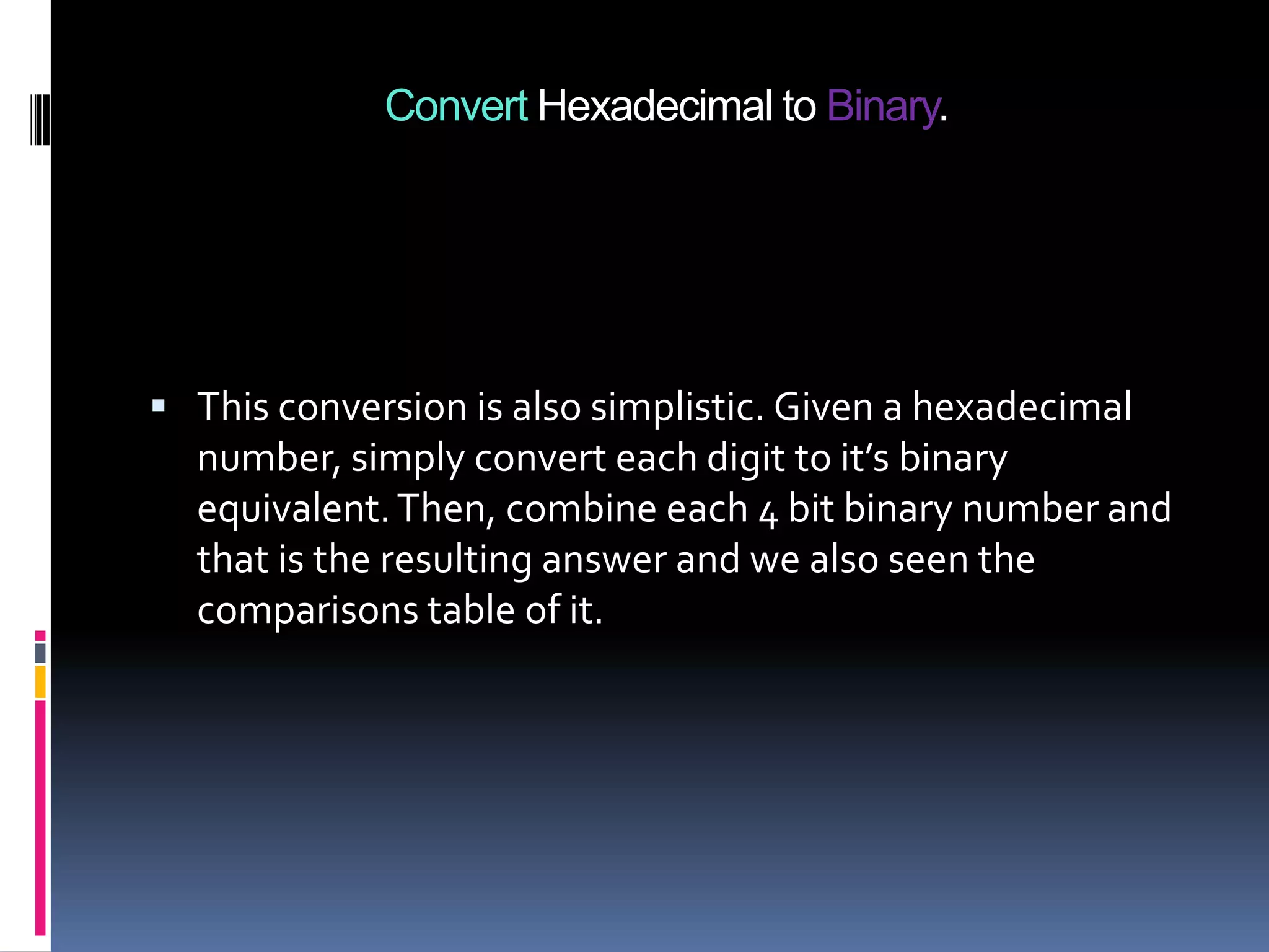 Convert Hexadecimal to Binary.




 This conversion is also simplistic. Given a hexadecimal
  number, simply convert each digit to it’s binary
  equivalent. Then, combine each 4 bit binary number and
  that is the resulting answer and we also seen the
  comparisons table of it.
 