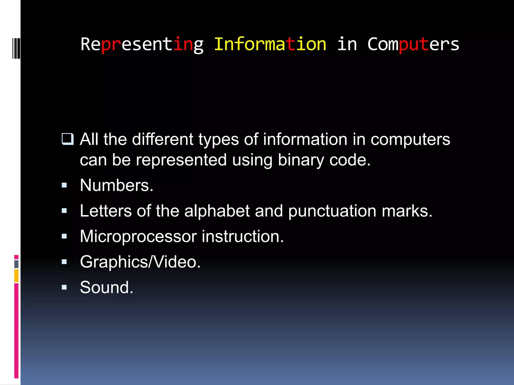Representing Information in Computers



 All the different types of information in computers
    can be represented using binary code.
   Numbers.
   Letters of the alphabet and punctuation marks.
   Microprocessor instruction.
   Graphics/Video.
   Sound.
 