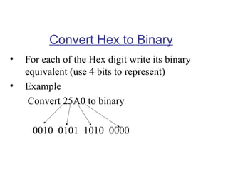 Convert Hex to Binary
•
•

For each of the Hex digit write its binary
equivalent (use 4 bits to represent)
Example
Convert 25A0 to binary
0010 0101 1010 0000

 