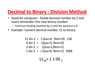 Decimal to Binary : Division Methody
• Good for computer:  Divide decimal number by 2 and 
insert remainder into new binary number.y
– Continue dividing quotient by 2 until the quotient is 0.
• Example: Convert decimal number 12 to binary
12 div 2  =   ( Quo=6 , Rem=0)   LSB
( )6 div 2  =    (Quo=3, Rem=0)
3 div 2  =     (Quo=1,Rem=1)
1 div 2 = ( Quo=0 Rem=1) MSB1 div 2  =   ( Quo=0, Rem=1)   MSB 
1210= 1 1 00 21210  1 1 00 2 
 