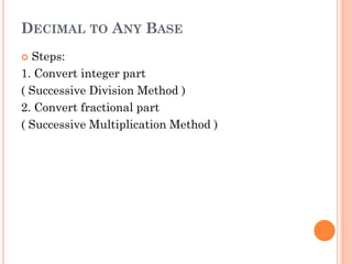 DECIMAL TO ANY BASE
 Steps:
1. Convert integer part
( Successive Division Method )
2. Convert fractional part
( Successive Multiplication Method )
 