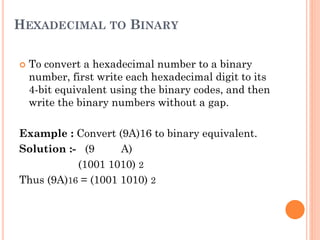 HEXADECIMAL TO BINARY
 To convert a hexadecimal number to a binary
number, first write each hexadecimal digit to its
4-bit equivalent using the binary codes, and then
write the binary numbers without a gap.
Example : Convert (9A)16 to binary equivalent.
Solution :- (9 A)
(1001 1010) 2
Thus (9A)16 = (1001 1010) 2
 