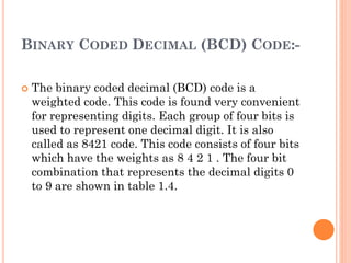 BINARY CODED DECIMAL (BCD) CODE:-
 The binary coded decimal (BCD) code is a
weighted code. This code is found very convenient
for representing digits. Each group of four bits is
used to represent one decimal digit. It is also
called as 8421 code. This code consists of four bits
which have the weights as 8 4 2 1 . The four bit
combination that represents the decimal digits 0
to 9 are shown in table 1.4.
 