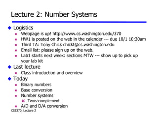 CSE370, Lecture 2
Lecture 2: Number Systems
 Logistics
 Webpage is up! http://www.cs.washington.edu/370
 HW1 is posted on the web in the calender --- due 10/1 10:30am
 Third TA: Tony Chick chickt@cs.washington.edu
 Email list: please sign up on the web.
 Lab1 starts next week: sections MTW --- show up to pick up
your lab kit
 Last lecture
 Class introduction and overview
 Today
 Binary numbers
 Base conversion
 Number systems
 Twos-complement
 A/D and D/A conversion
 