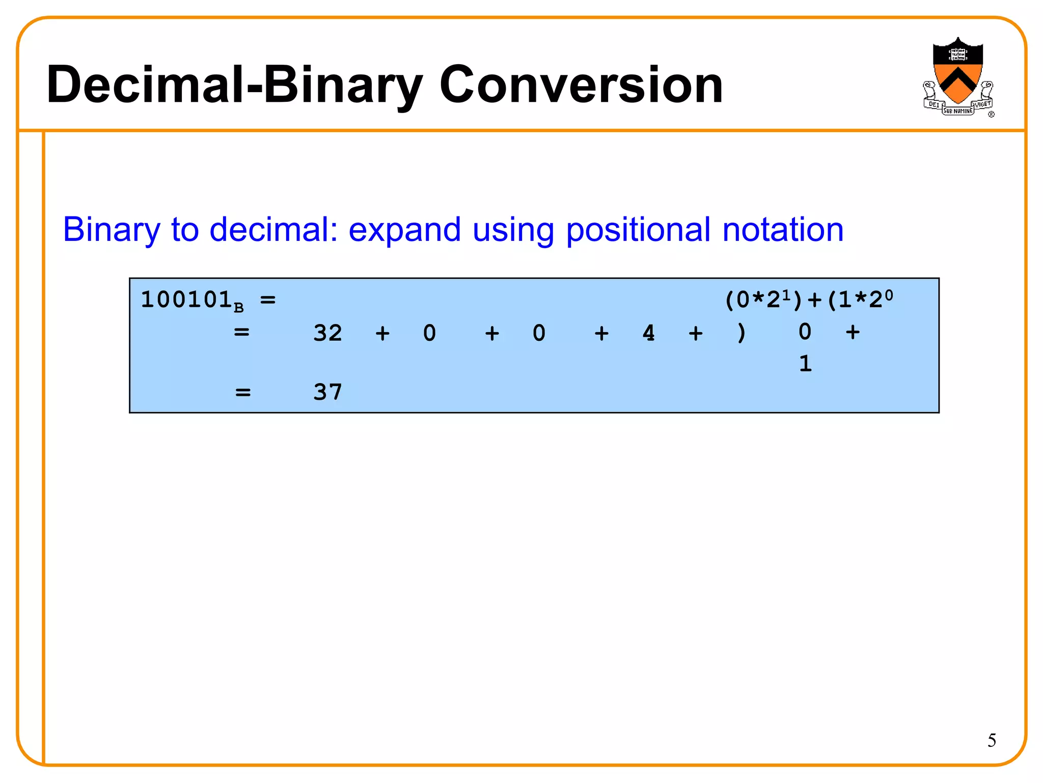 Decimal-Binary Conversion
5
Binary to decimal: expand using positional notation
(1*25)+(0*24)+(0*23)+(1*22)+
100101B =
= 32 + 0 + 0 + 4 +
(0*21)+(1*20
) 0 +
1
= 37
 