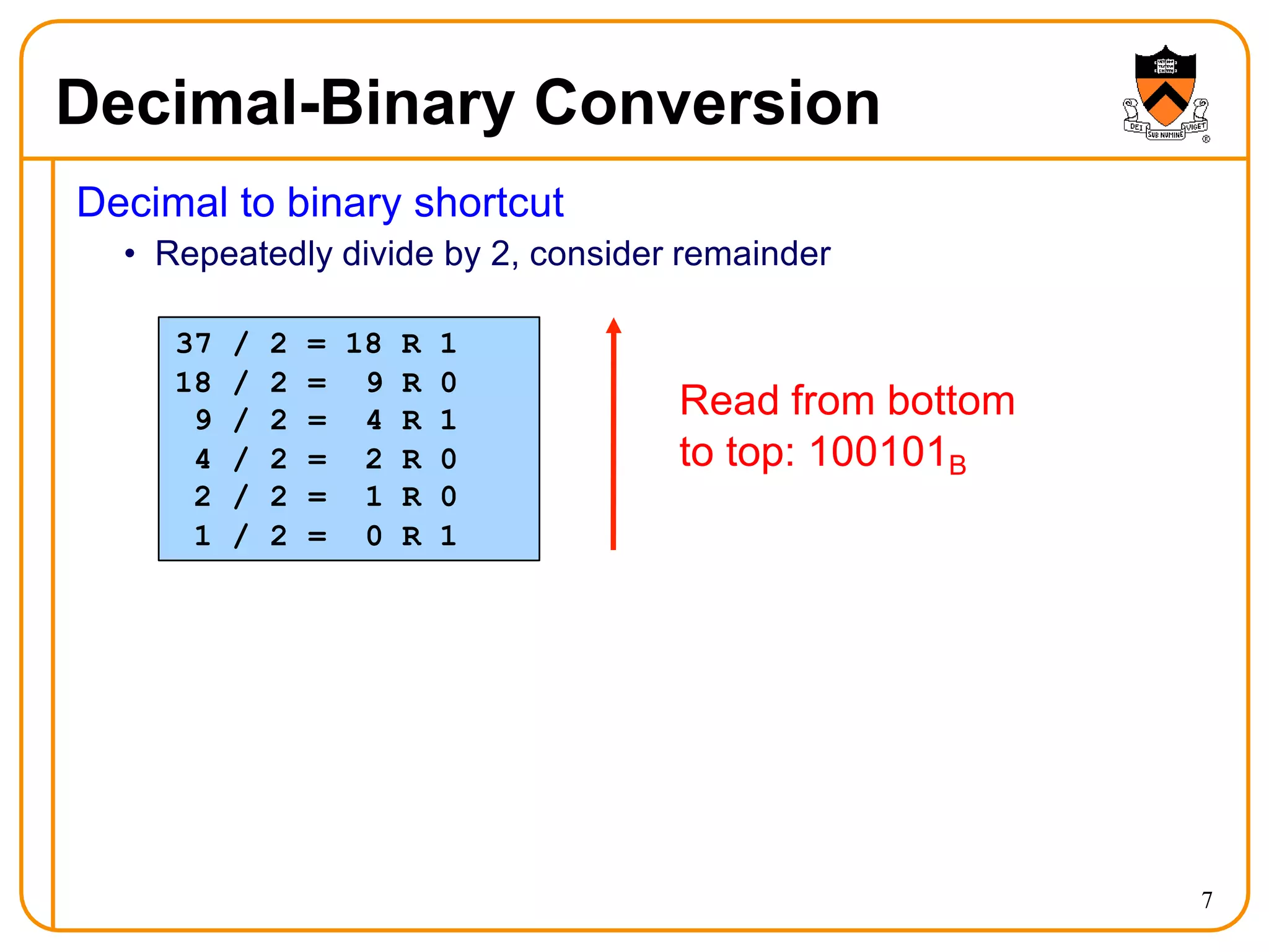 Decimal-Binary Conversion
Decimal to binary shortcut
• Repeatedly divide by 2, consider remainder
37 / 2 = 18 R 1
18 / 2 = 9 R 0
9 / 2 = 4 R 1
4 / 2 = 2 R 0
2 / 2 = 1 R 0
1 / 2 = 0 R 1
Read from bottom
to top: 100101B
7
 
