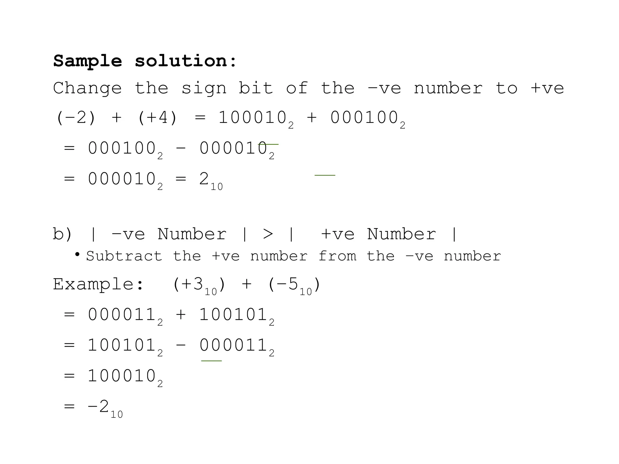 Sample solution:
Change the sign bit of the –ve number to +ve
(–2) + (+4) = 1000102
+ 0001002
= 0001002
– 0000102
= 0000102
= 210
b) | –ve Number | > | +ve Number |
• Subtract the +ve number from the –ve number
Example: (+310
) + (–510
)
= 0000112
+ 1001012
= 1001012
– 0000112
= 1000102
= –210
 