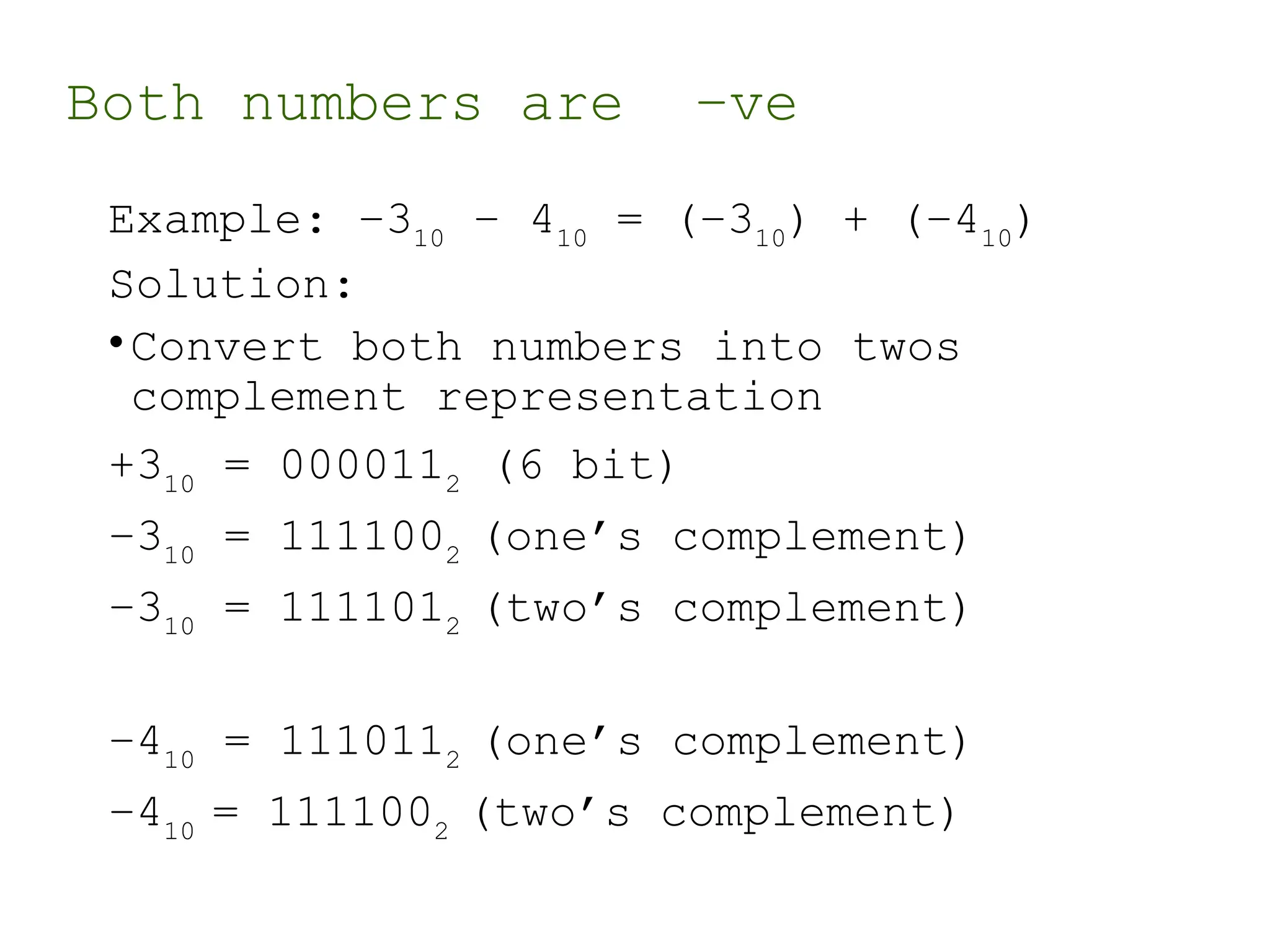 Both numbers are –ve
Example: –310
– 410
= (–310
) + (–410
)
Solution:
•Convert both numbers into twos
complement representation
+310
= 0000112
(6 bit)
–310
= 1111002
(one’s complement)
–310
= 1111012
(two’s complement)
–410
= 1110112
(one’s complement)
–410
= 1111002
(two’s complement)
 