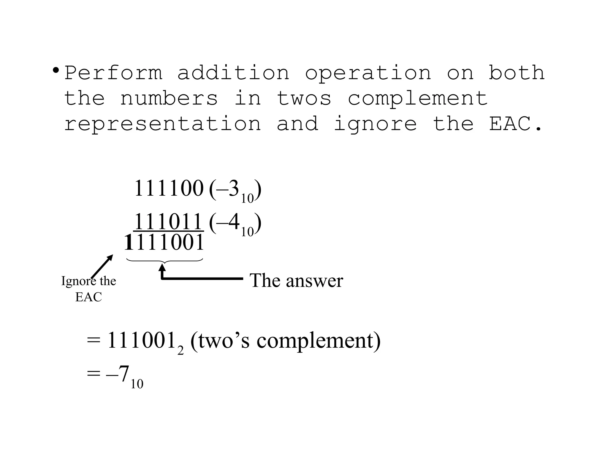 111100 (–310
)
111011 (–410
)
= 1110012
(two’s complement)
= –710
•Perform addition operation on both
the numbers in twos complement
representation and ignore the EAC.
1111001
Ignore the
EAC
The answer
 