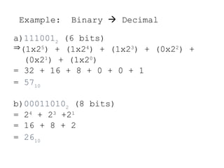 Example: Binary  Decimal
a)1110012
(6 bits)
(1x25
) + (1x24
) + (1x23
) + (0x22
) +
(0x21
) + (1x20
)
= 32 + 16 + 8 + 0 + 0 + 1
= 5710
b)000110102
(8 bits)
= 24
+ 23
+21
= 16 + 8 + 2
= 2610
 