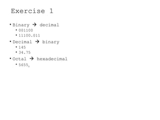 Exercise 1
• Binary  decimal
• 001100
• 11100.011
• Decimal  binary
• 145
• 34.75
• Octal  hexadecimal
• 56558
 