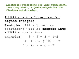 Arithmetic Operations for Ones Complement,
Twos Complement, sign-and-magnitude and
floating point number
Addition and subtraction for
signed integers
Reminder: All subtraction
operations will be changed into
addition operations
Example: 8 – 5 = 8 + (–5)
–10 + 2 = (–10) + 2
6 – (–3) = 6 + 3
 