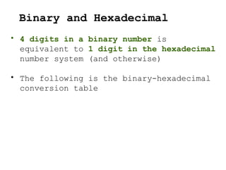 • 4 digits in a binary number is
equivalent to 1 digit in the hexadecimal
number system (and otherwise)
• The following is the binary-hexadecimal
conversion table
Binary and Hexadecimal
 