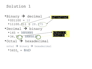 Solution 1
•Binary  decimal
• 001100 = 12
• 11100.011 = 28.375
•Decimal  binary
• 145 = 10010001
• 34.75 = 100010.11
•Octal  hexadecimal
octal  binary  hexadecimal
• 56558
= BAD
 
