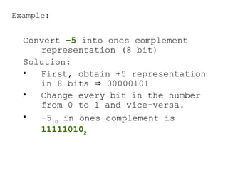Example:
Convert –5 into ones complement
representation (8 bit)
Solution:
• First, obtain +5 representation
in 8 bits  00000101
• Change every bit in the number
from 0 to 1 and vice-versa.
• –510
in ones complement is
111110102
 