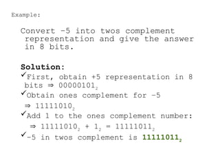 Example:
Convert –5 into twos complement
representation and give the answer
in 8 bits.
Solution:
First, obtain +5 representation in 8
bits  000001012
Obtain ones complement for –5
 111110102
Add 1 to the ones complement number:
 111110102
+ 12
= 111110112
–5 in twos complement is 111110112
 