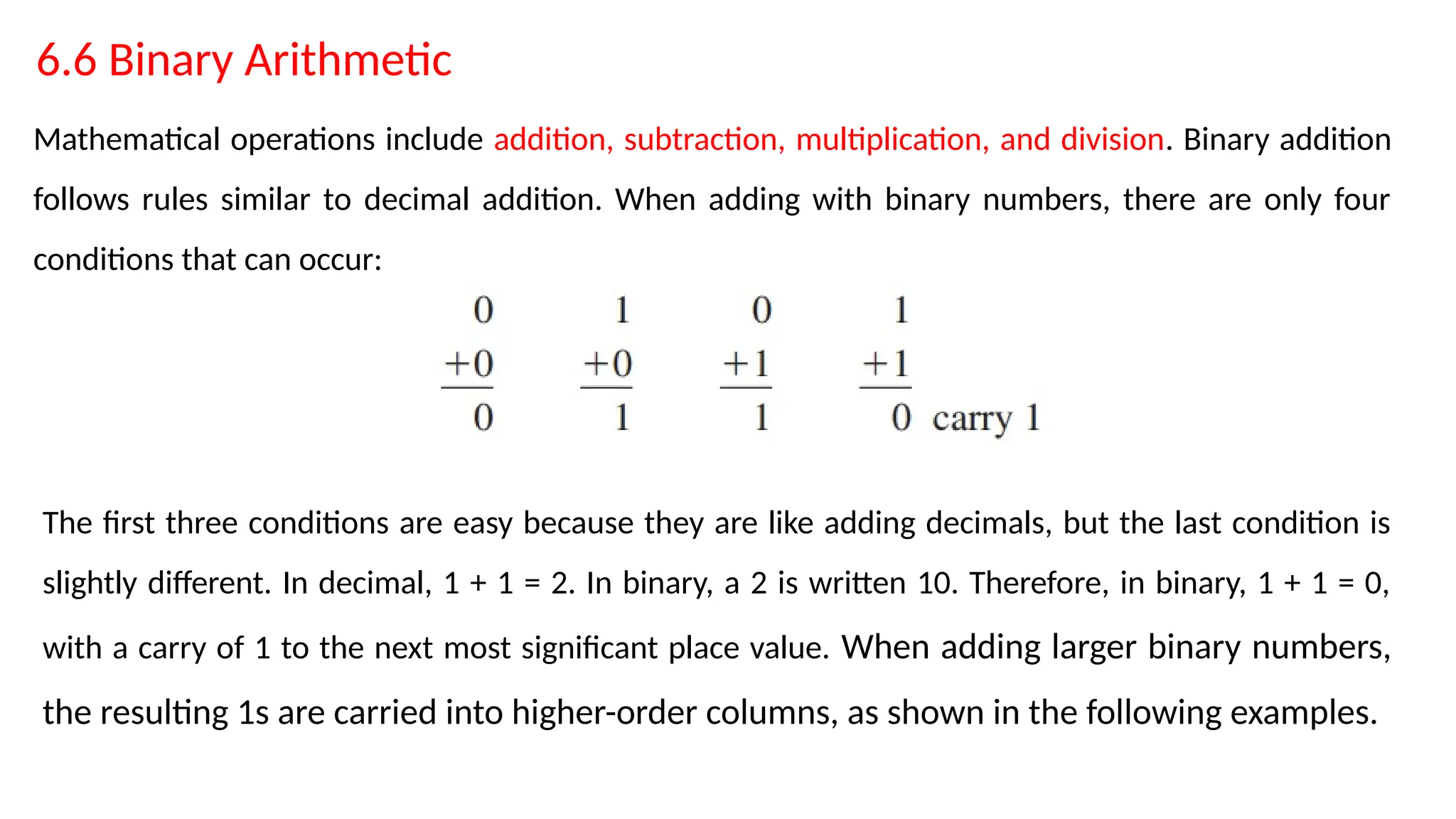 6.6 Binary Arithmetic
Mathematical operations include addition, subtraction, multiplication, and division. Binary addition
follows rules similar to decimal addition. When adding with binary numbers, there are only four
conditions that can occur:
The first three conditions are easy because they are like adding decimals, but the last condition is
slightly different. In decimal, 1 + 1 = 2. In binary, a 2 is written 10. Therefore, in binary, 1 + 1 = 0,
with a carry of 1 to the next most significant place value. When adding larger binary numbers,
the resulting 1s are carried into higher-order columns, as shown in the following examples.
 