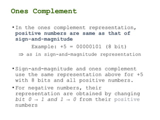 Ones Complement
• In the ones complement representation,
positive numbers are same as that of
sign-and-magnitude
Example: +5 = 00000101 (8 bit)
 as in sign-and-magnitude representation
• Sign-and-magnitude and ones complement
use the same representation above for +5
with 8 bits and all positive numbers.
• For negative numbers, their
representation are obtained by changing
bit 0 → 1 and 1 → 0 from their positive
numbers
 