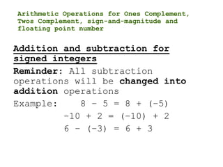 Arithmetic Operations for Ones Complement,
Twos Complement, sign-and-magnitude and
floating point number
Addition and subtraction for
signed integers
Reminder: All subtraction
operations will be changed into
addition operations
Example: 8 – 5 = 8 + (–5)
–10 + 2 = (–10) + 2
6 – (–3) = 6 + 3
 