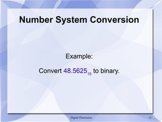 Digital Electronics 13
Number System Conversion
Example:
Convert 48.562510
to binary.
 