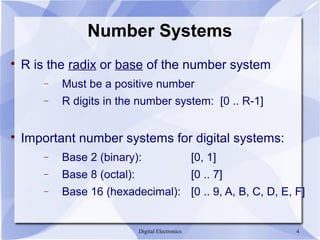 Digital Electronics 4
Number Systems

R is the radix or base of the number system
− Must be a positive number
− R digits in the number system: [0 .. R-1]

Important number systems for digital systems:
− Base 2 (binary): [0, 1]
− Base 8 (octal): [0 .. 7]
− Base 16 (hexadecimal): [0 .. 9, A, B, C, D, E, F]
 