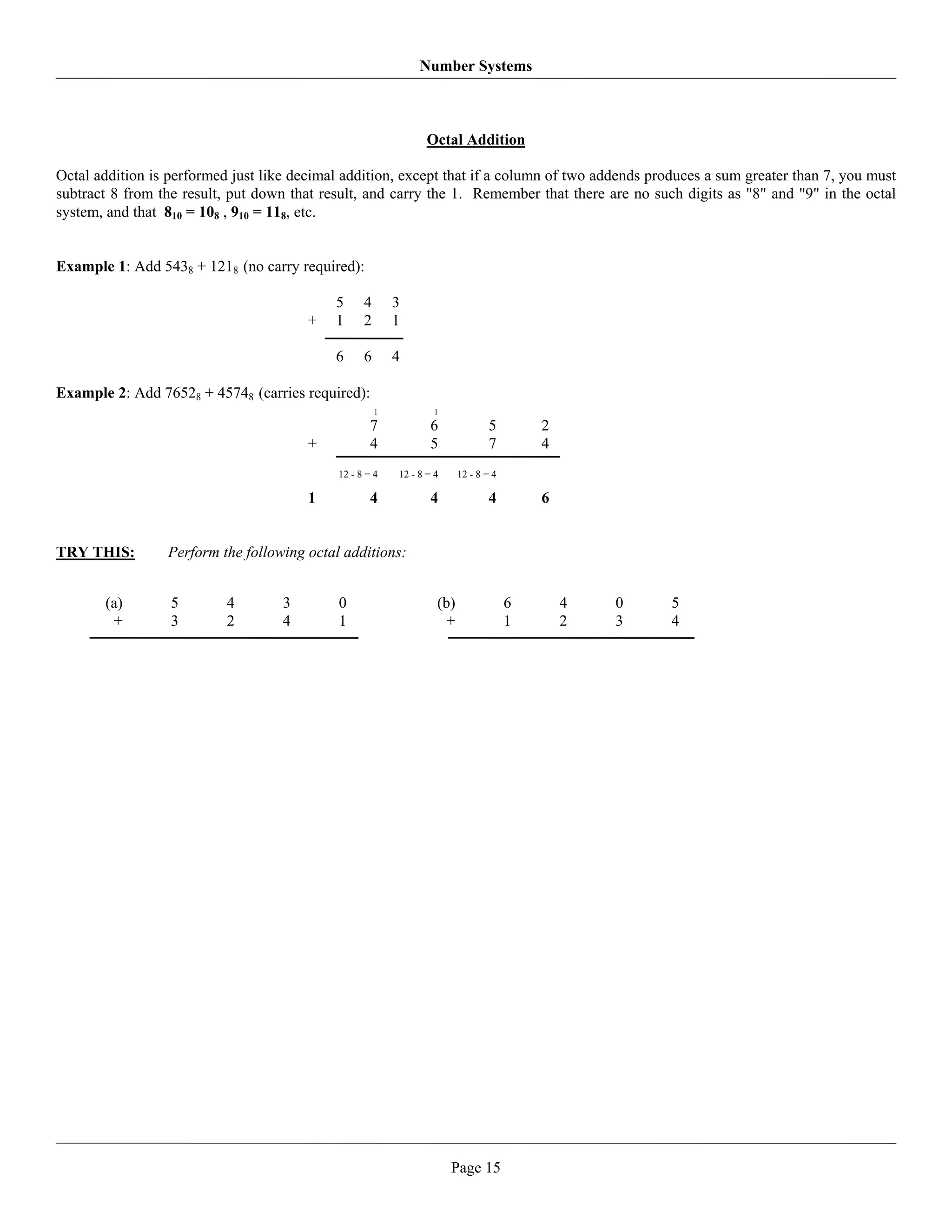 Number Systems



                                                                  Octal Addition

Octal addition is performed just like decimal addition, except that if a column of two addends produces a sum greater than 7, you must
subtract 8 from the result, put down that result, and carry the 1. Remember that there are no such digits as "8" and "9" in the octal
system, and that 810 = 108 , 910 = 118, etc.


Example 1: Add 5438 + 1218 (no carry required):

                                            5      4       3
                                        +   1      2       1

                                            6      6       4

Example 2: Add 76528 + 45748 (carries required):
                                                       1            1

                                                     7             6              5        2
                                        +            4             5              7        4
                                             12 - 8 = 4    12 - 8 = 4     12 - 8 = 4

                                        1            4             4              4        6


TRY THIS:        Perform the following octal additions:


       (a)        5        4        3        0                      (b)                6       4   0   5
        +         3        2        4        1                        +                1       2   3   4




                                                                        Page 15
 