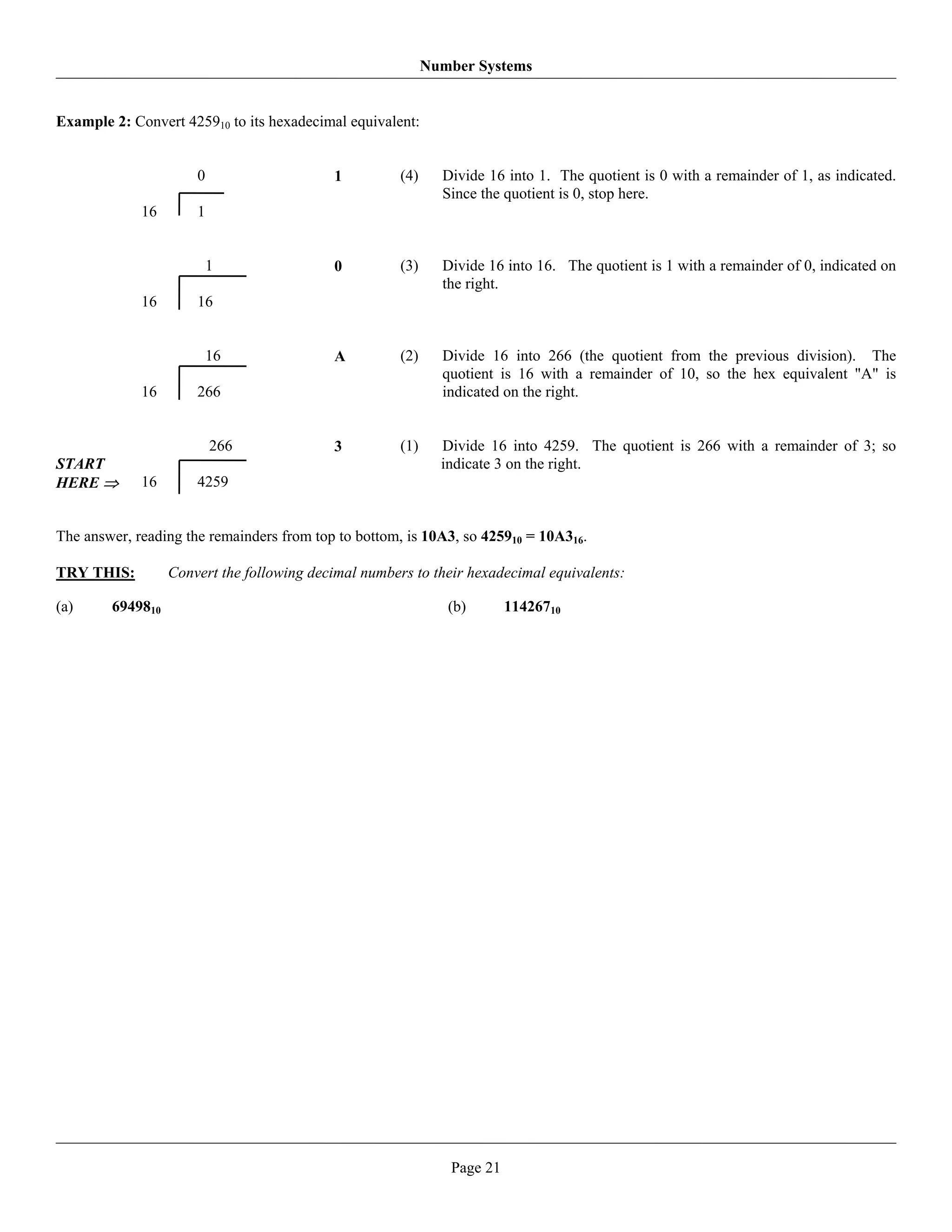 Number Systems


Example 2: Convert 425910 to its hexadecimal equivalent:


                      0                    1          (4)     Divide 16 into 1. The quotient is 0 with a remainder of 1, as indicated.
                                                              Since the quotient is 0, stop here.
             16       1


                          1                0          (3)     Divide 16 into 16. The quotient is 1 with a remainder of 0, indicated on
                                                              the right.
             16       16


                          16               A          (2)     Divide 16 into 266 (the quotient from the previous division). The
                                                              quotient is 16 with a remainder of 10, so the hex equivalent "A" is
             16       266                                     indicated on the right.


                          266              3          (1)     Divide 16 into 4259. The quotient is 266 with a remainder of 3; so
START                                                         indicate 3 on the right.
HERE ⇒       16       4259


The answer, reading the remainders from top to bottom, is 10A3, so 425910 = 10A316.

TRY THIS:         Convert the following decimal numbers to their hexadecimal equivalents:

(a)     6949810                                                (b)       11426710




                                                               Page 21
 