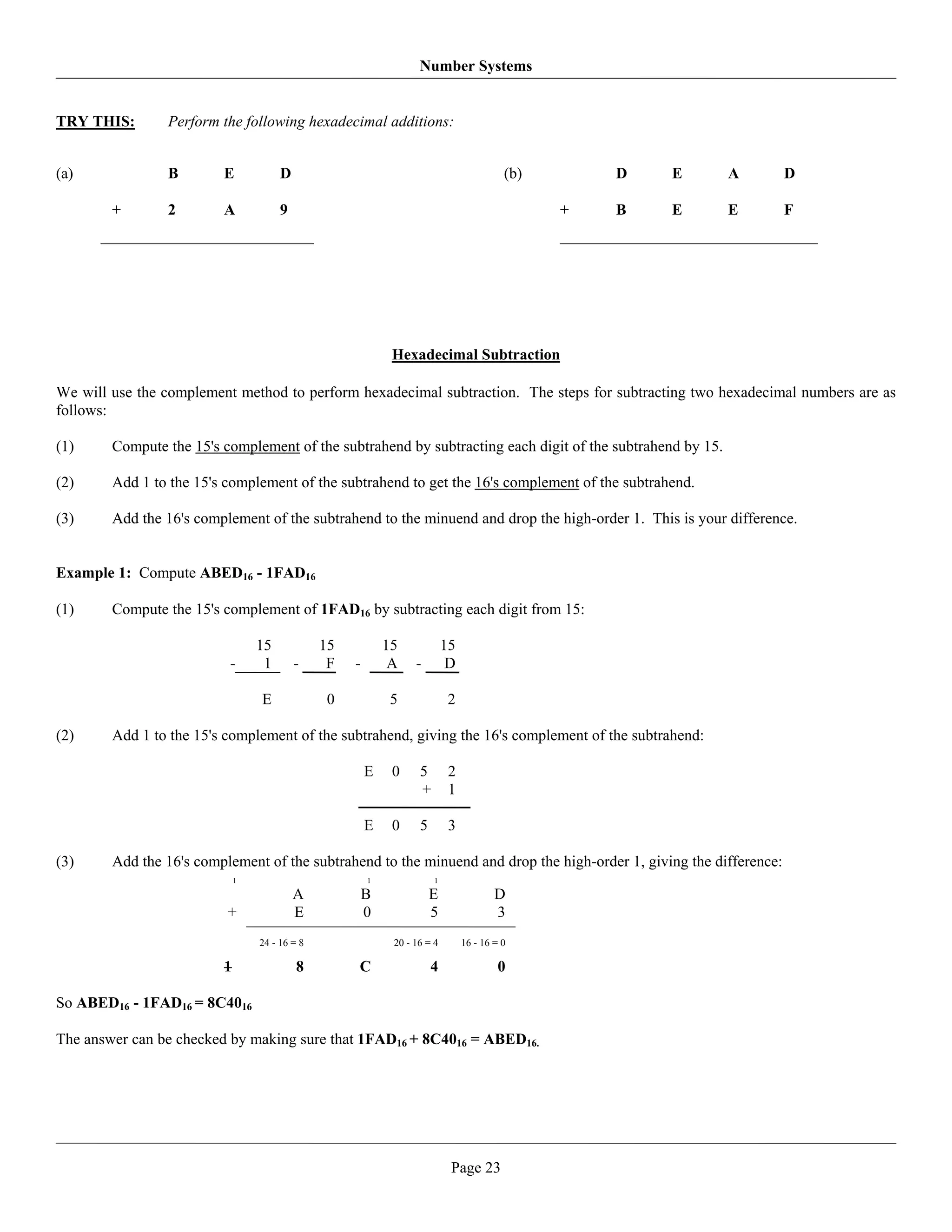 Number Systems


TRY THIS:       Perform the following hexadecimal additions:


(a)             B        E            D                                                   (b)       D   E   A        D

        +       2        A            9                                                         +   B   E   E        F




                                                             Hexadecimal Subtraction

We will use the complement method to perform hexadecimal subtraction. The steps for subtracting two hexadecimal numbers are as
follows:

(1)     Compute the 15's complement of the subtrahend by subtracting each digit of the subtrahend by 15.

(2)     Add 1 to the 15's complement of the subtrahend to get the 16's complement of the subtrahend.

(3)     Add the 16's complement of the subtrahend to the minuend and drop the high-order 1. This is your difference.


Example 1: Compute ABED16 - 1FAD16

(1)     Compute the 15's complement of 1FAD16 by subtracting each digit from 15:

                                 15            15           15             15
                          -       1       -     F   -        A    -         D

                                 E              0            5              2

(2)     Add 1 to the 15's complement of the subtrahend, giving the 16's complement of the subtrahend:

                                                        E    0     5        2
                                                                   +        1

                                                        E    0     5        3

(3)     Add the 16's complement of the subtrahend to the minuend and drop the high-order 1, giving the difference:
                             1                          1              1

                                          A             B              E                D
                          +               E             0              5                3
                                 24 - 16 = 8                 20 - 16 = 4        16 - 16 = 0

                         1                8         C                  4                 0

So ABED16 - 1FAD16 = 8C4016

The answer can be checked by making sure that 1FAD16 + 8C4016 = ABED16.




                                                                            Page 23
 