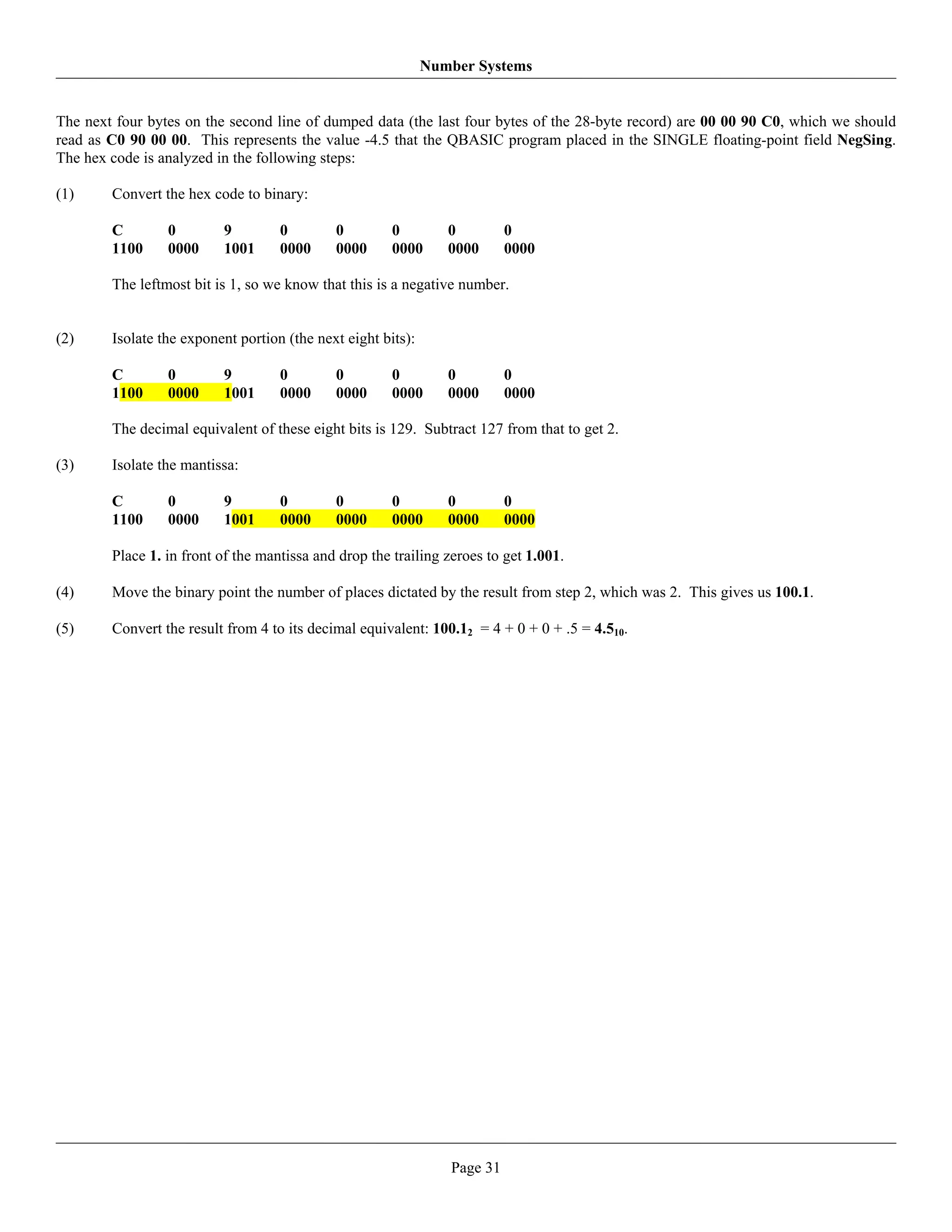 Number Systems


The next four bytes on the second line of dumped data (the last four bytes of the 28-byte record) are 00 00 90 C0, which we should
read as C0 90 00 00. This represents the value -4.5 that the QBASIC program placed in the SINGLE floating-point field NegSing.
The hex code is analyzed in the following steps:

(1)     Convert the hex code to binary:

        C        0        9         0        0         0         0         0
        1100     0000     1001      0000     0000      0000      0000      0000

        The leftmost bit is 1, so we know that this is a negative number.


(2)     Isolate the exponent portion (the next eight bits):

        C        0        9         0        0         0         0         0
        1100     0000     1001      0000     0000      0000      0000      0000

        The decimal equivalent of these eight bits is 129. Subtract 127 from that to get 2.

(3)     Isolate the mantissa:

        C        0        9         0        0         0         0         0
        1100     0000     1001      0000     0000      0000      0000      0000

        Place 1. in front of the mantissa and drop the trailing zeroes to get 1.001.

(4)     Move the binary point the number of places dictated by the result from step 2, which was 2. This gives us 100.1.

(5)     Convert the result from 4 to its decimal equivalent: 100.12 = 4 + 0 + 0 + .5 = 4.510.




                                                                 Page 31
 