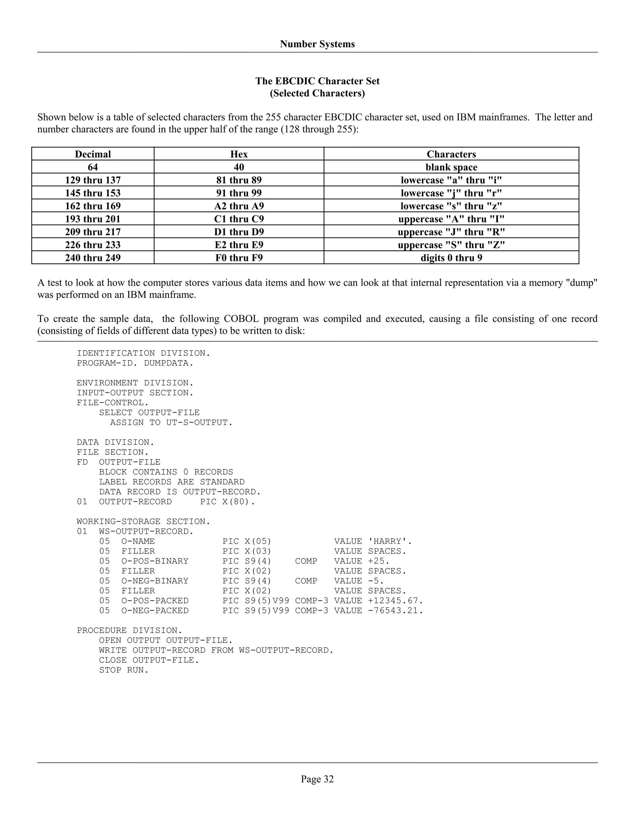 Number Systems


                                                   The EBCDIC Character Set
                                                     (Selected Characters)

Shown below is a table of selected characters from the 255 character EBCDIC character set, used on IBM mainframes. The letter and
number characters are found in the upper half of the range (128 through 255):

        Decimal                             Hex                                           Characters
           64                                40                                           blank space
      129 thru 137                       81 thru 89                                  lowercase "a" thru "i"
      145 thru 153                       91 thru 99                                  lowercase "j" thru "r"
      162 thru 169                       A2 thru A9                                  lowercase "s" thru "z"
      193 thru 201                       C1 thru C9                                 uppercase "A" thru "I"
      209 thru 217                       D1 thru D9                                 uppercase "J" thru "R"
      226 thru 233                       E2 thru E9                                 uppercase "S" thru "Z"
      240 thru 249                       F0 thru F9                                      digits 0 thru 9

A test to look at how the computer stores various data items and how we can look at that internal representation via a memory "dump"
was performed on an IBM mainframe.

To create the sample data, the following COBOL program was compiled and executed, causing a file consisting of one record
(consisting of fields of different data types) to be written to disk:

         IDENTIFICATION DIVISION.
         PROGRAM-ID. DUMPDATA.

         ENVIRONMENT DIVISION.
         INPUT-OUTPUT SECTION.
         FILE-CONTROL.
             SELECT OUTPUT-FILE
               ASSIGN TO UT-S-OUTPUT.

         DATA DIVISION.
         FILE SECTION.
         FD OUTPUT-FILE
             BLOCK CONTAINS 0 RECORDS
             LABEL RECORDS ARE STANDARD
             DATA RECORD IS OUTPUT-RECORD.
         01 OUTPUT-RECORD      PIC X(80).

         WORKING-STORAGE SECTION.
         01 WS-OUTPUT-RECORD.
             05 O-NAME                     PIC   X(05)             VALUE     'HARRY'.
             05 FILLER                     PIC   X(03)             VALUE     SPACES.
             05 O-POS-BINARY               PIC   S9(4)      COMP   VALUE     +25.
             05 FILLER                     PIC   X(02)             VALUE     SPACES.
             05 O-NEG-BINARY               PIC   S9(4)      COMP   VALUE     -5.
             05 FILLER                     PIC   X(02)             VALUE     SPACES.
             05 O-POS-PACKED               PIC   S9(5)V99   COMP-3 VALUE     +12345.67.
             05 O-NEG-PACKED               PIC   S9(5)V99   COMP-3 VALUE     -76543.21.

         PROCEDURE DIVISION.
             OPEN OUTPUT OUTPUT-FILE.
             WRITE OUTPUT-RECORD FROM WS-OUTPUT-RECORD.
             CLOSE OUTPUT-FILE.
             STOP RUN.




                                                              Page 32
 