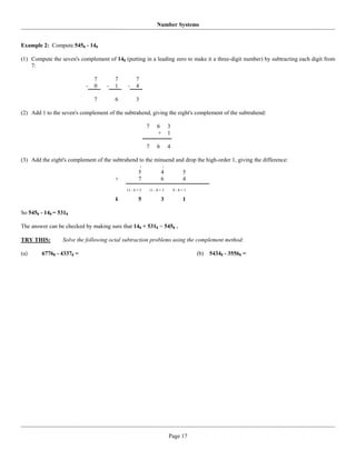 Number Systems


Example 2: Compute 5458 - 148

(1) Compute the seven's complement of 148 (putting in a leading zero to make it a three-digit number) by subtracting each digit from
    7:

                               7        7         7
                           -   0    -   1    -    4

                               7        6         3

(2) Add 1 to the seven's complement of the subtrahend, giving the eight's complement of the subtrahend:

                                                          7    6       3
                                                               +       1

                                                          7    6       4

(3) Add the eight's complement of the subtrahend to the minuend and drop the high-order 1, giving the difference:
                                                      1            1

                                                    5              4          5
                                        +           7              6          4
                                            13 - 8 = 5    11 - 8 = 3       9-8=1

                                        1           5              3          1

So 5458 - 148 = 5318

The answer can be checked by making sure that 148 + 5318 = 5458 .

TRY THIS:        Solve the following octal subtraction problems using the complement method:

(a)     67768 - 43378 =                                                            (b)   54348 - 35568 =




                                                                       Page 17
 