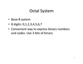 15
Octal System
• Base-8 system
• 8 digits: 0,1,2,3,4,5,6,7
• Convenient way to express binary numbers
and codes. Use 3 bits of binary
 