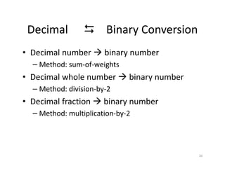 20
Decimal Binary Conversion
• Decimal number binary number
– Method: sum-of-weights
• Decimal whole number binary number
– Method: division-by-2
• Decimal fraction binary number
– Method: multiplication-by-2
 