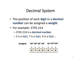 4
Decimal System
• The position of each digit in a decimal
number can be assigned a weight
• For example: 2745.214
– 2745.214 is a decimal number
– 2 is a digit, 7 is a digit, 4 is a digit…
2 7 4 5 2 1 4.
103 102 101 100 10-110-210-3
weights
 
