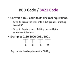 BCD Code / 8421 Code
• Convert a BCD code to its decimal equivalent.
– Step 1: Break the BCD into 4-bit groups, starting
from LSB
– Step 2: Replace each 4-bit group with its
equivalent decimal
• Example: 0110 1000 0011 1001
6 8 3 9
So, the decimal equivalent is 683910
 