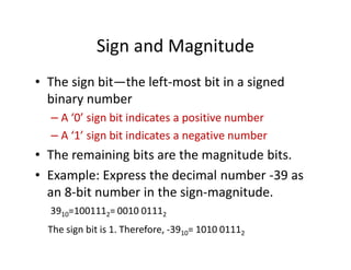 Sign and Magnitude
• The sign bit—the left-most bit in a signed
binary number
– A ‘0’ sign bit indicates a positive number
– A ‘1’ sign bit indicates a negative number
• The remaining bits are the magnitude bits.
• Example: Express the decimal number -39 as
an 8-bit number in the sign-magnitude.
3910=1001112= 0010 01112
The sign bit is 1. Therefore, -3910= 1010 01112
 
