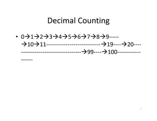 7
Decimal Counting
• 0 1 2 3 4 5 6 7 8 9-----
10 11---------------------------- 19---- 20----
------------------------------- 99---- 100------------
------
 