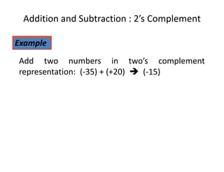 ExampleExample
Add two numbers in two’s complement
representation: (-35) + (+20) (-15)
Addition and Subtraction : 2’s Complement
 