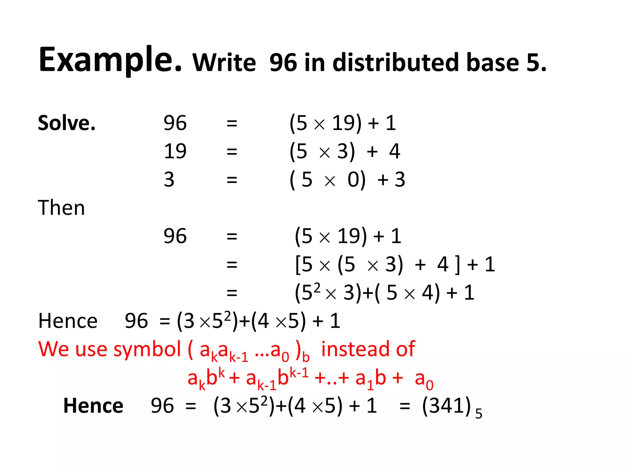 Example. Write        96 in distributed base 5.

Solve.      96    =     (5 19) + 1
            19    =     (5 3) + 4
            3     =     ( 5 0) + 3
Then
            96     =       (5 19) + 1
                   =       [5 (5 3) + 4 ] + 1
                   =       (52 3)+( 5 4) + 1
Hence 96 = (3 52)+(4 5) + 1
We use symbol ( akak-1 …a0 )b instead of
              akbk + ak-1bk-1 +..+ a1b + a0
  Hence 96 = (3 52)+(4 5) + 1 = (341) 5
 