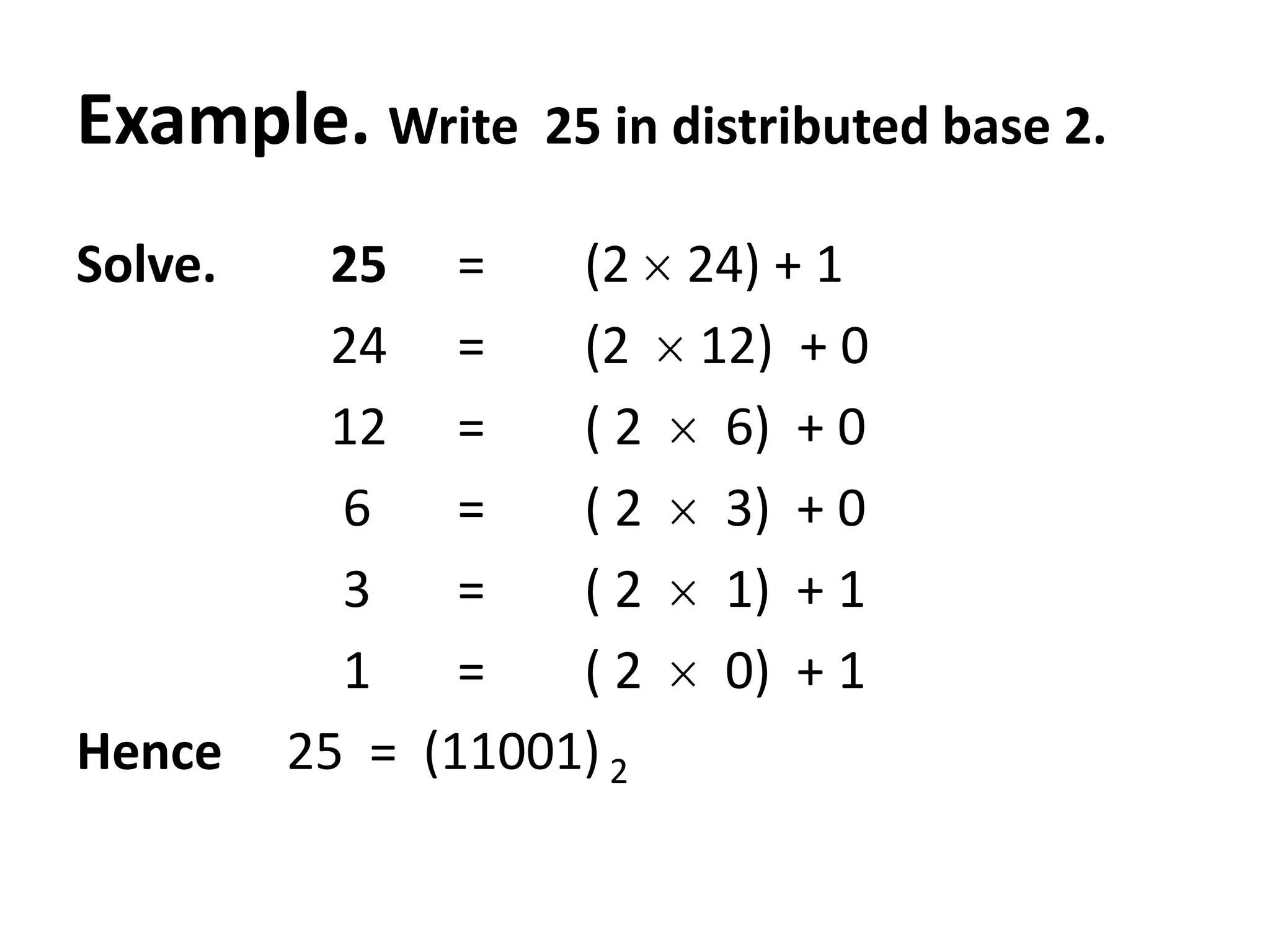 Example. Write    25 in distributed base 2.

Solve.     25 =     (2 24) + 1
           24 =     (2 12) + 0
           12 =     ( 2 6) + 0
           6    =   ( 2 3) + 0
           3    =   ( 2 1) + 1
           1    =   ( 2 0) + 1
Hence    25 = (11001) 2
 