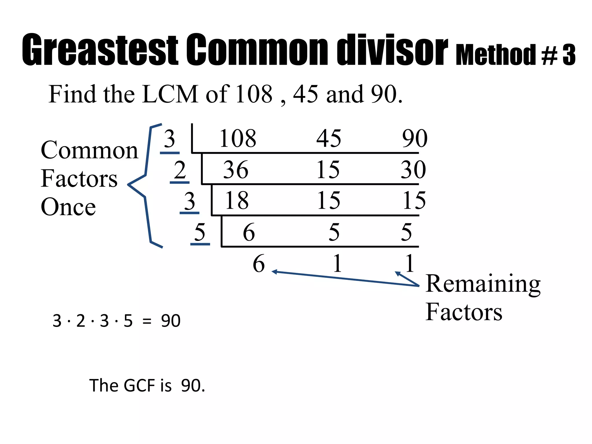 Greastest Common divisor Method # 3
 Find the LCM of 108 , 45 and 90.

 Common  3   108        45      90
 Factors  2 36          15      30
 Once      3 18         15      15
            5 6          5      5
                6        1      1
                                  Remaining
 3 · 2 · 3 · 5 = 90               Factors

      The GCF is 90.
 